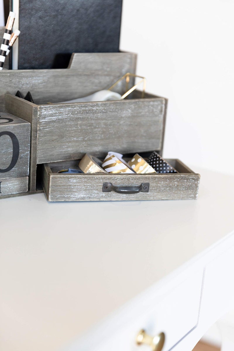 BLU MONACO | Dark Wooden Mail Organizer with Block Calendar | Two-Tier Mail Sorter, Drawer & Accessory Compartment | Desktop Organizer for Home or Womenâ€™s Office - Image 5